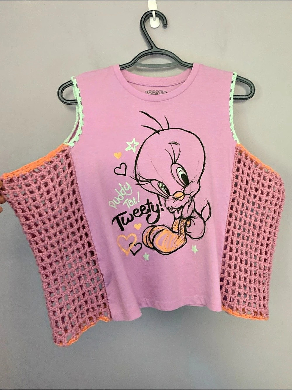 Upcycled Looney Tunes Tweety Bird Graphic Tank Top With Crochet - Picture 2 of 8